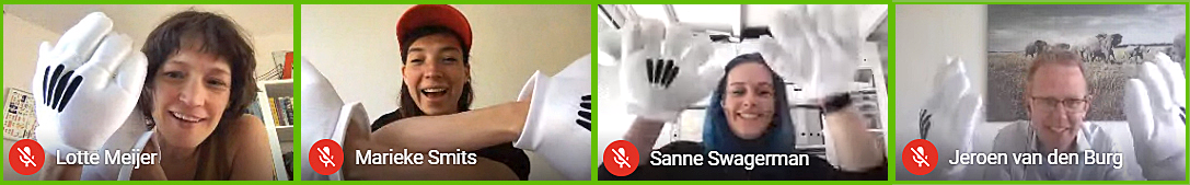 Medewerkers van internetbureau Q42 met Mickey Mouse-handschoenen aan tijdens een videocall vanwege het krijgen van een vast contract.