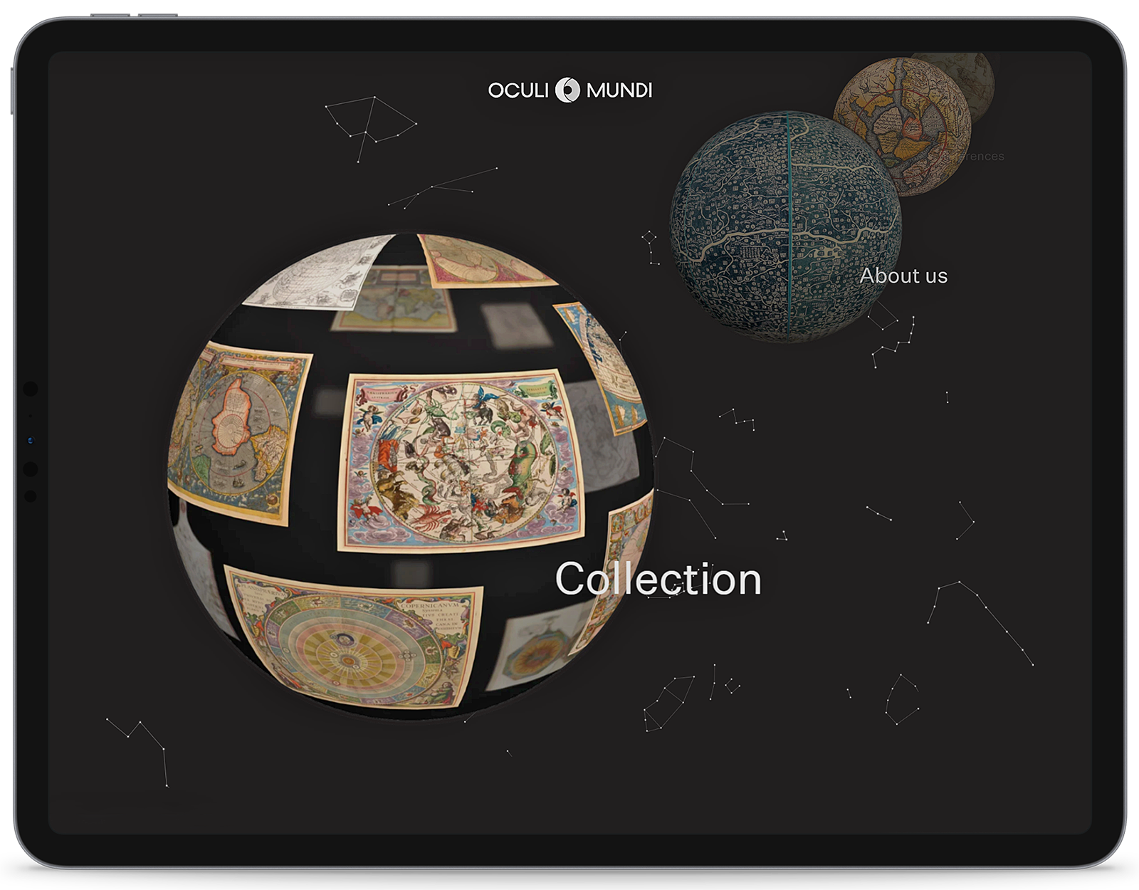 iPad de website Oculi Mundi waarop wereldbollen te zien zijn.